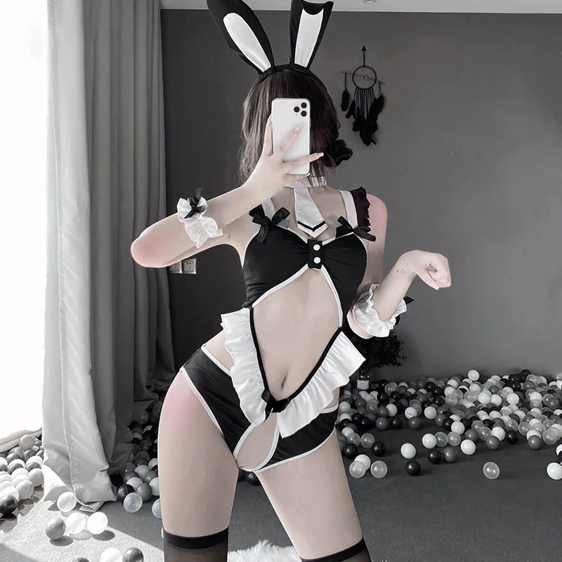 

Японский сексуальный костюм кролика для женщин, Черные Бюстгальтеры, нижнее белье, озорный кролик, косплей, аниме форма кролика, боди для де...