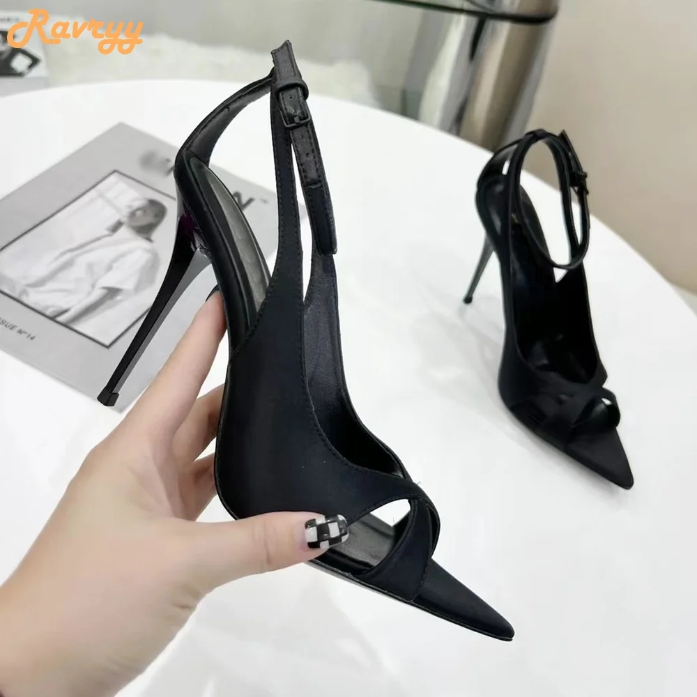 2022 New Satin Hollow Sandals Pointed Toe Stiletto Heel Shallow High Heels Ankle Strap Women Fashion Casual Black Purple Sandals