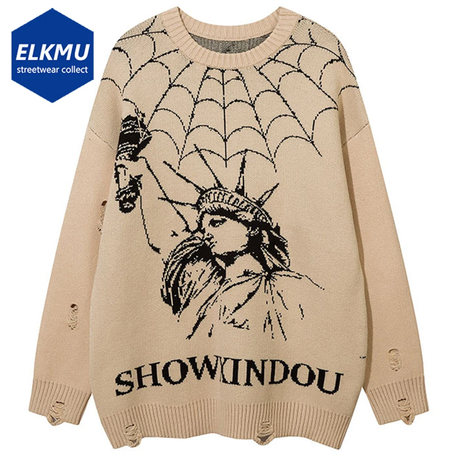 

Gothic Punk Ripped Sweater Spider Net Graphic Sweater Men Harajuku Streetwear Hip Hop Oversized Pullover Sweater Y2K Jumper 2023