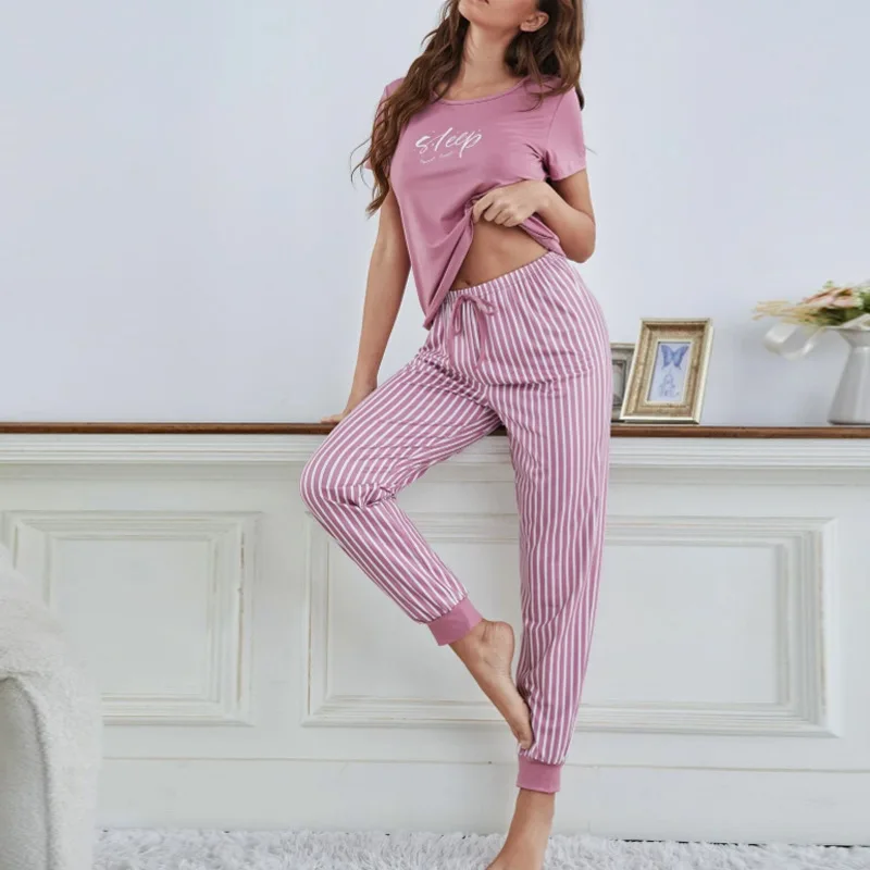 Women Pajama Set Milky Silk Pyjama Letter Print Pijama Female Striped Home Clothes Sleepwear pjs Short Sleeve Top Pants Homewear