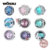 wostu 100 real 925 sterling silver pink blue colorful crystal radiant round charm beaded fit original diy bracelet jewelry gift