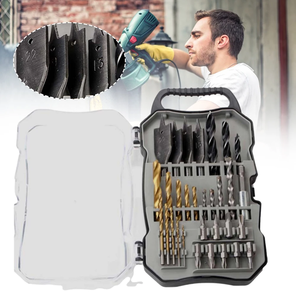 

31 Pcs/Box Drill Heads Set Durable High Speed Steel Woodworking Flat Bit Screwdriver Kit Rust Proof High Hardness Drill Heads