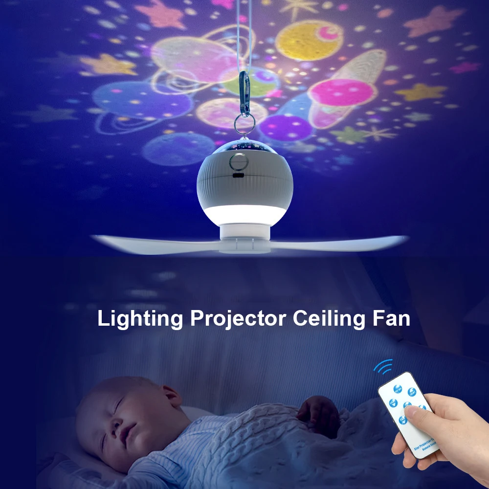 

3-in-1 Mini Ceiling Fan with Lighting Projector USB Rechargeable Fan with Remote Control for Kids Bedroom Outdoor Ceiling Light