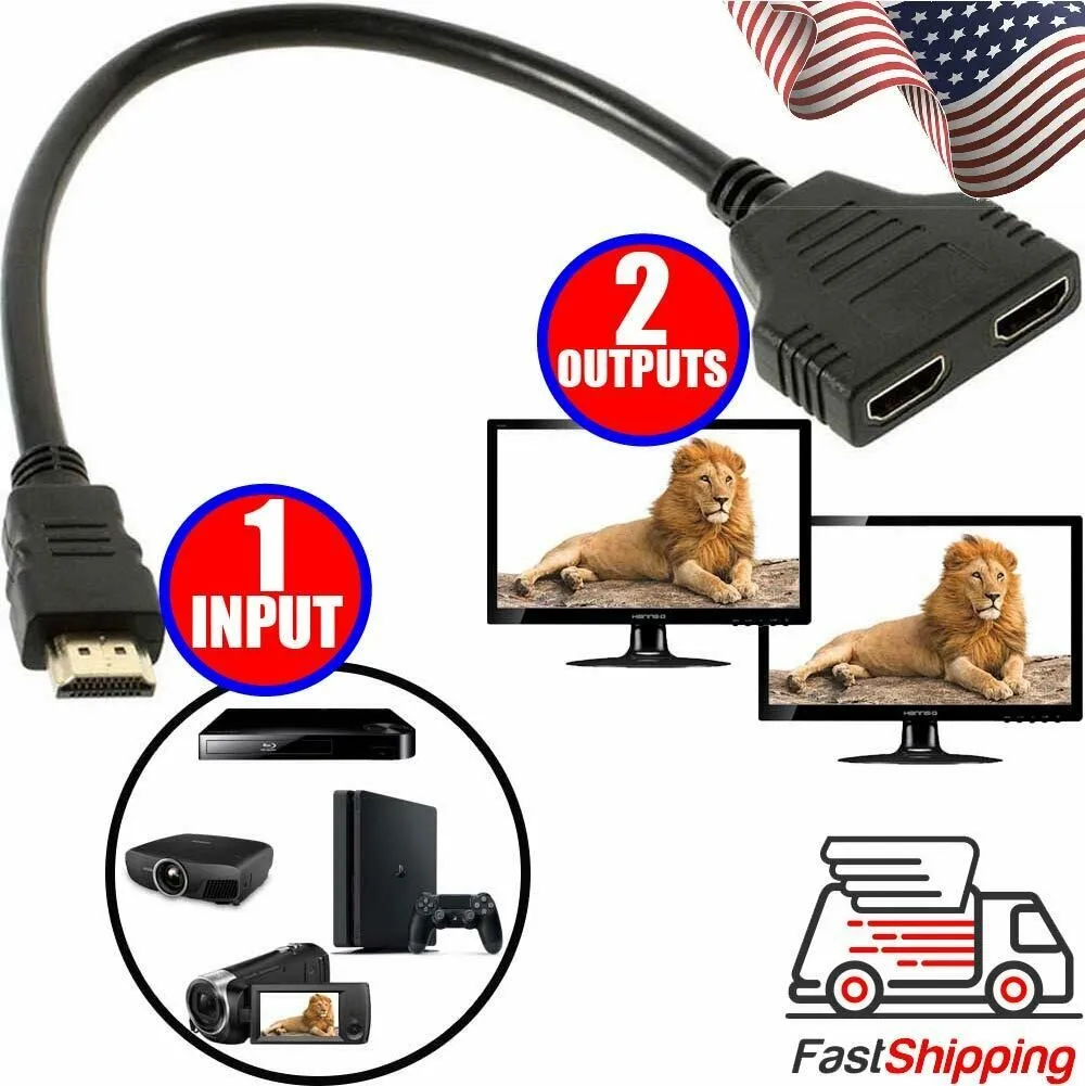RYRA 1080P Splitter 1 Input Male To 2 Output Female Port Cable Adapter Compatible Converter For Games Videos Multimedia Devices