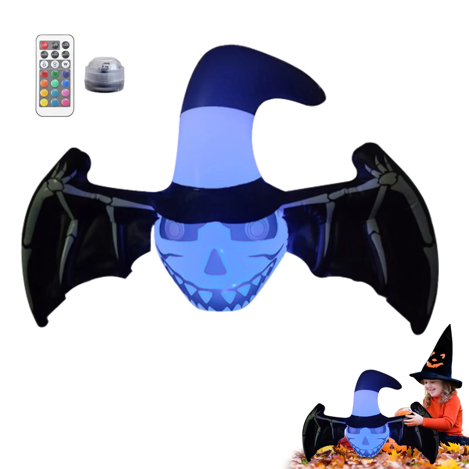 Murciélago brillante inflable de Halloween con alas negras enormes, Decoración LED para patio, fiesta de Halloween, césped de jardín interior y exterior