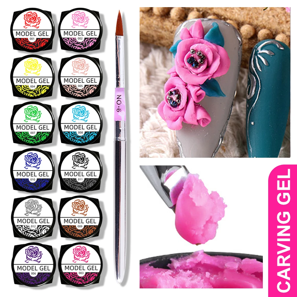 12 Colors Sculpture Gel Set 4D Carving Gel Nail Polish Drawing Patterns DIY Flowers Design Decoration Nail Art Carved Pen Tool