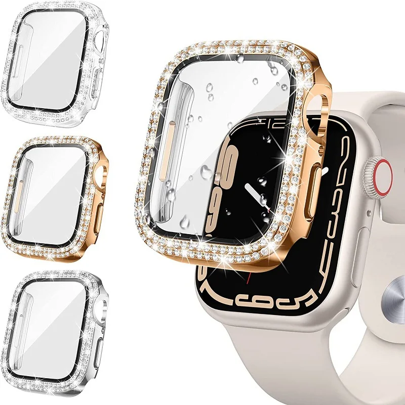 10pcs Diamond Case For Apple watch 7 41mm 45mm 44mm 40mm 42mm 38mm Bling Bumper Protector Cover iWatch series 3 4 5 6 se