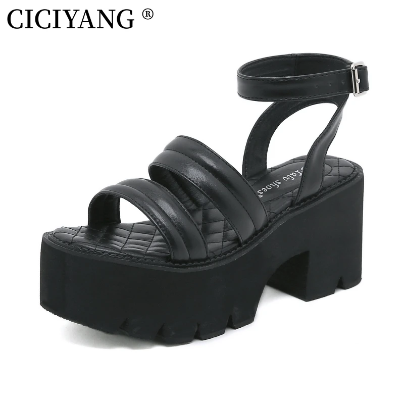 CICIYANG Women Chunky Platform Sandals High Heel Plus Size 35-43 2023 Summer New Ankle Lace-up Black Sandals lady Open Toe Shoes