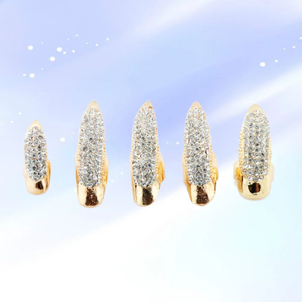 

Rhinestone Claws Nails Ring Set, Gothic Punk Full Finger Rings Pave Paw Bend Fingertip Fingernail Claw For Men Golden 10pcs