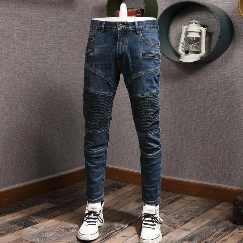 Fashion Streetwear Men Jeans Retro Blue Stretch Spliced Designer Biker Jeans Homme Hip Hop Pants Men Slim Vintage Punk Trousers