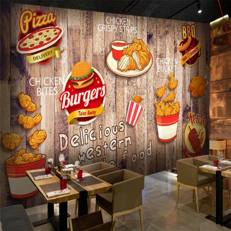 

Custom Fried Chicken Burger Snack Bar Wall Paper Fast Food Restaurant Decor Mural Self-adhesive Wallpaper Papel De Parede 3D