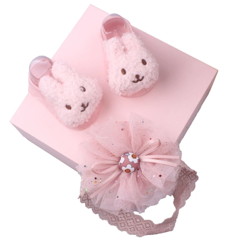 

Baby Lace Bow Headband & Floor Socks Infant Boy Girl Elastic Heads Accessories