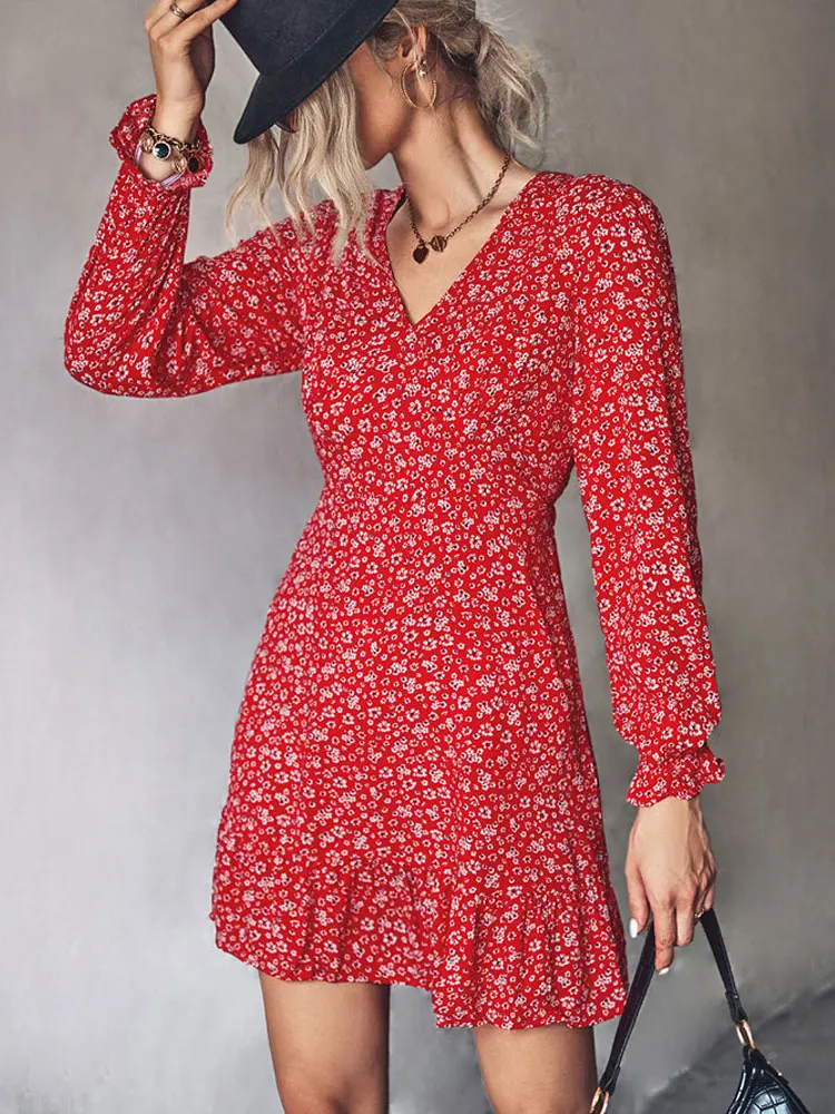 

2022 Autumn Boho Floral Dress Women Mini Short Party Dresses Ladies V Neck Flower Long Sleeve Dresses for Women