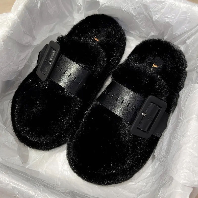 Winter Flats Women Slippers Fur Luxury Buckle Platform Mules Shoes Warm Short Plush Cotton Flip-flops 2023 New Snow Women Boots