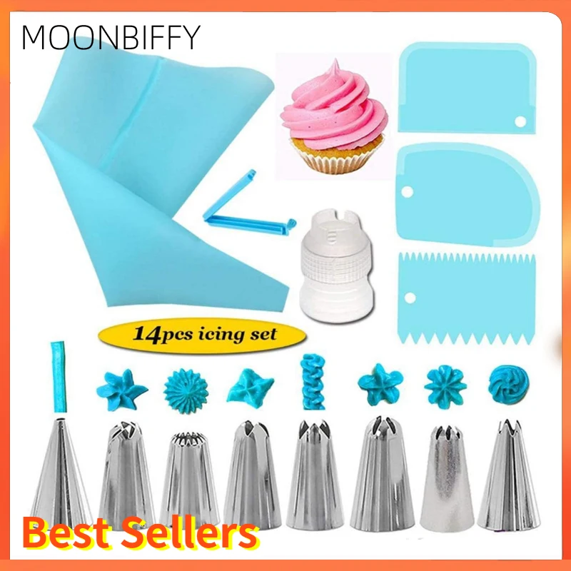 

14PCS Silicone Kitchen Accessories Icing Piping Cream Pink Pastry Bag Stainless Steel Nozzle DIY Cake Decorating Tips