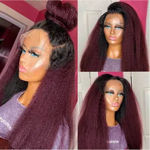 Natural 28 inch Soft Ombre 99j Yaki Kinky Straight Hair Wig For Women Natural Hairline Kinky Straight Wig With Afro Baby Hair