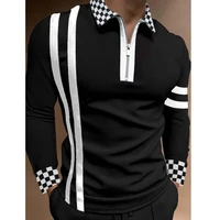 2021 new black mens polo shirt white stripe printed long sleeve slim casual polo shirts high quality zipper design sports tops