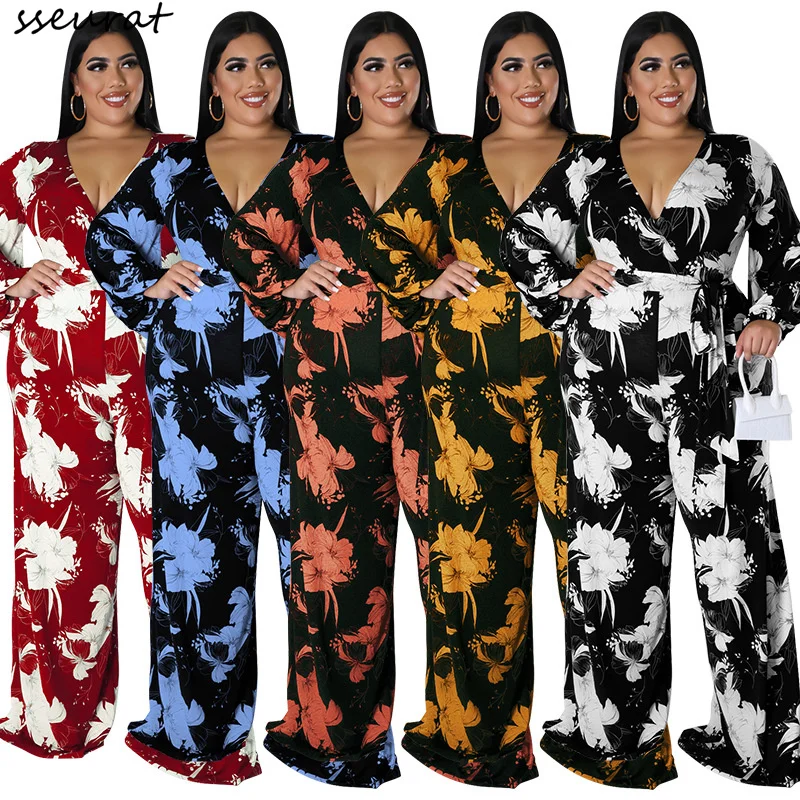 

Plus Size Jumpsuits Women Fall Elegant Long Sleeve V-neck Wide Leg Pant Rompers