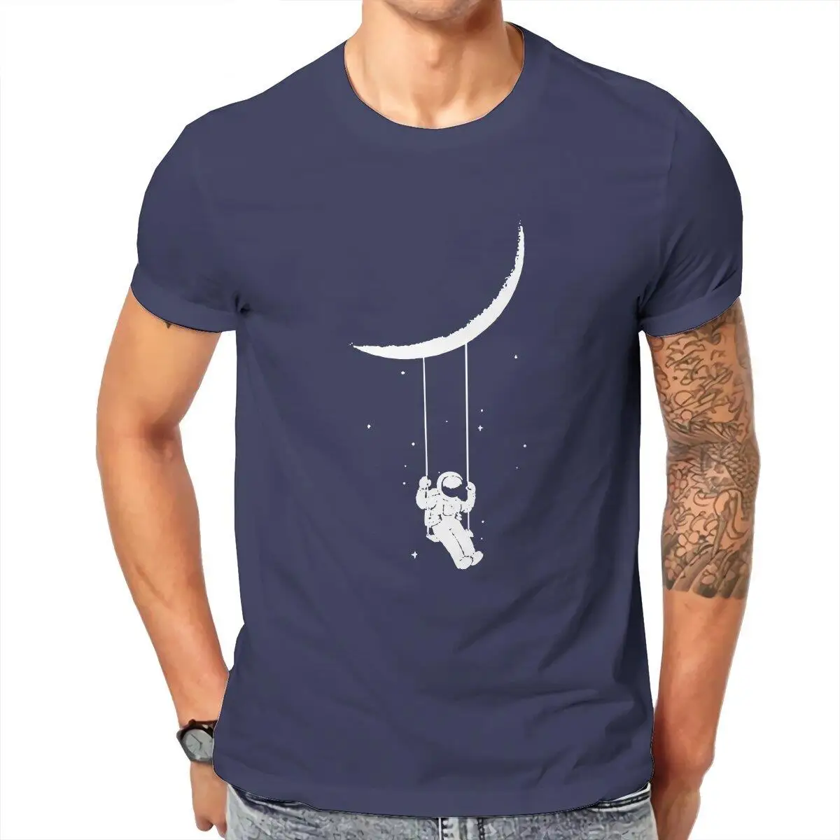 Men's T-Shirt Moon Swing Astronaut Vintage Cotton Tee Shirt Short Sleeve  T Shirts Crew Neck Clothes Summer