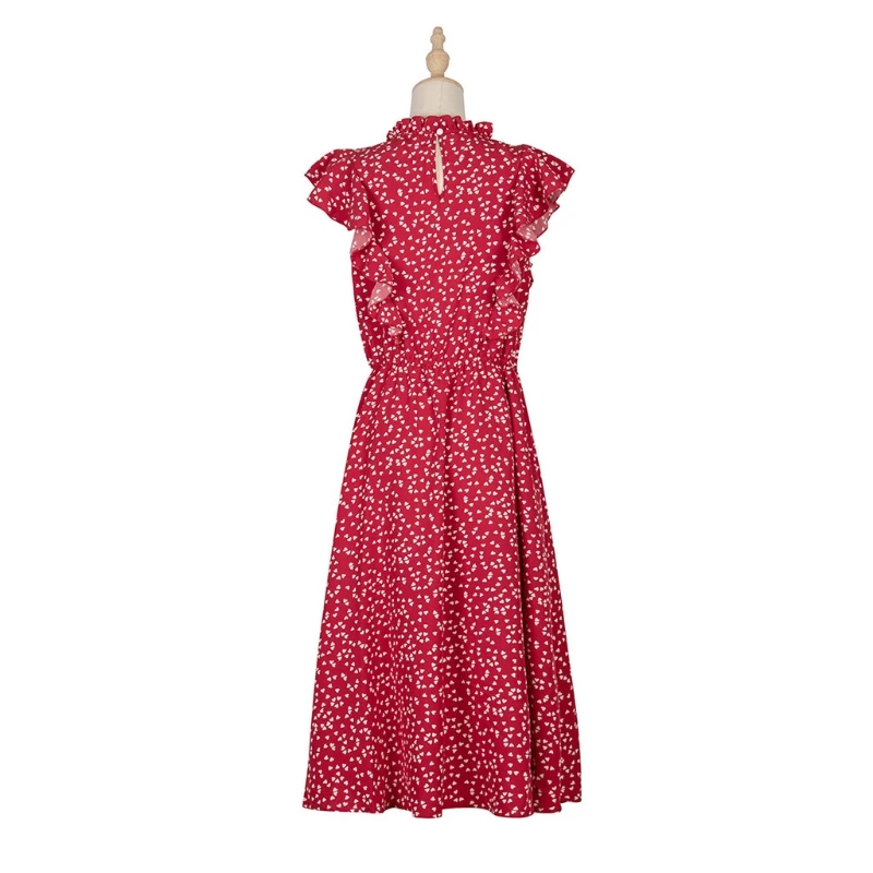 

Women Summer Dot Print Ruffled Butterfly Sleeve Midi Long Dress Fashion A-Line Casual Loose Fit Red Chiffon Sundress P8DB