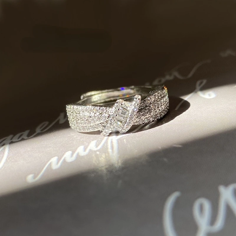 

925 Sterling Silver New Fashion Bow Tie Strap Ring for Women, Small and High, Simple, Luxury, Full Diamond Jewelry Party Gift