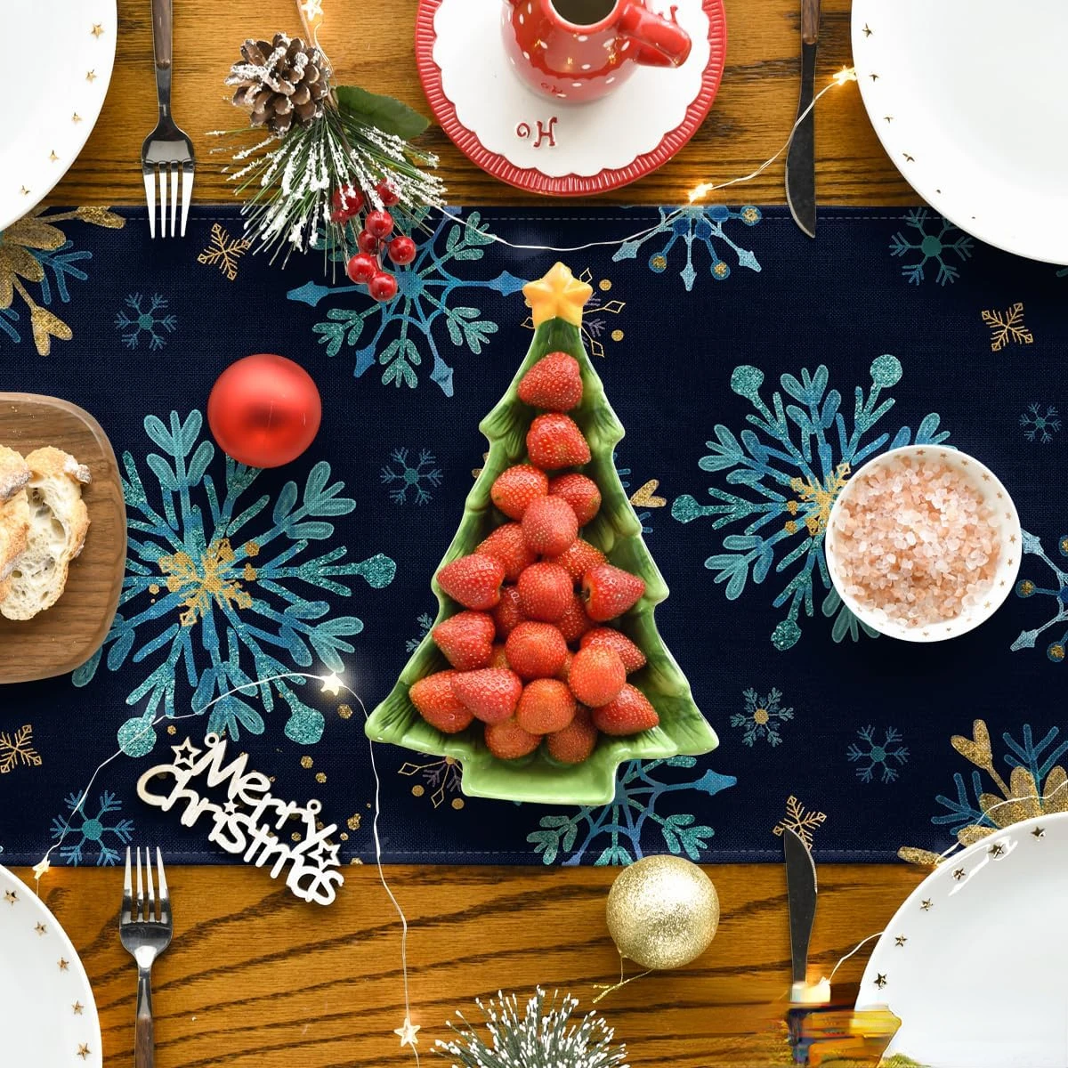 Рождественские синие снежинки шестиугольные льняные дорожки для стола декор