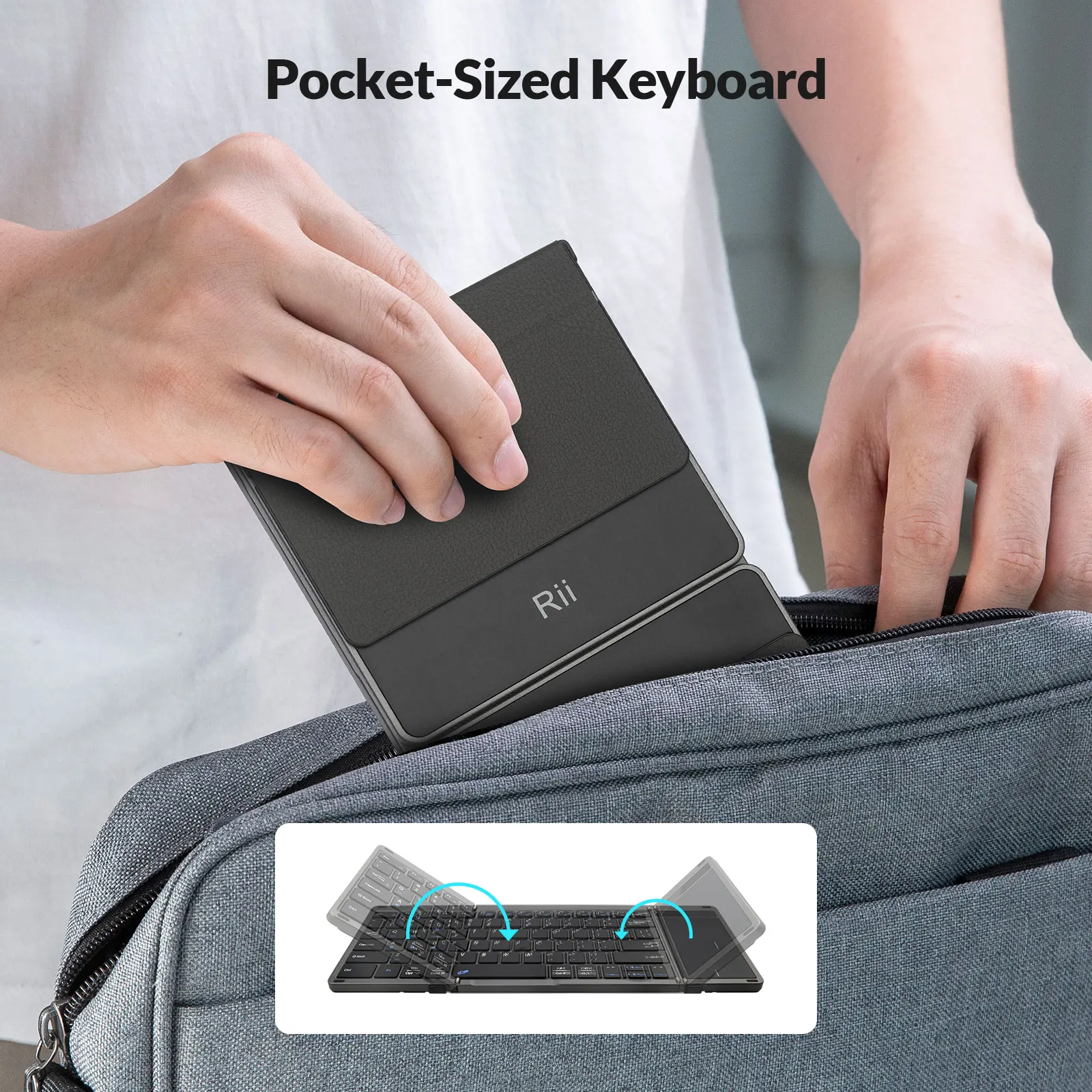 Складная клавиатура Rii RK809 Pro с тачпадом, трехсекционная Bluetooth-клавиатура для путешествий, совместимая с iPad, iPhone, Windows, Mac и Android (art.: 3920dc5edc3bc) - 3920dc5edc3bc