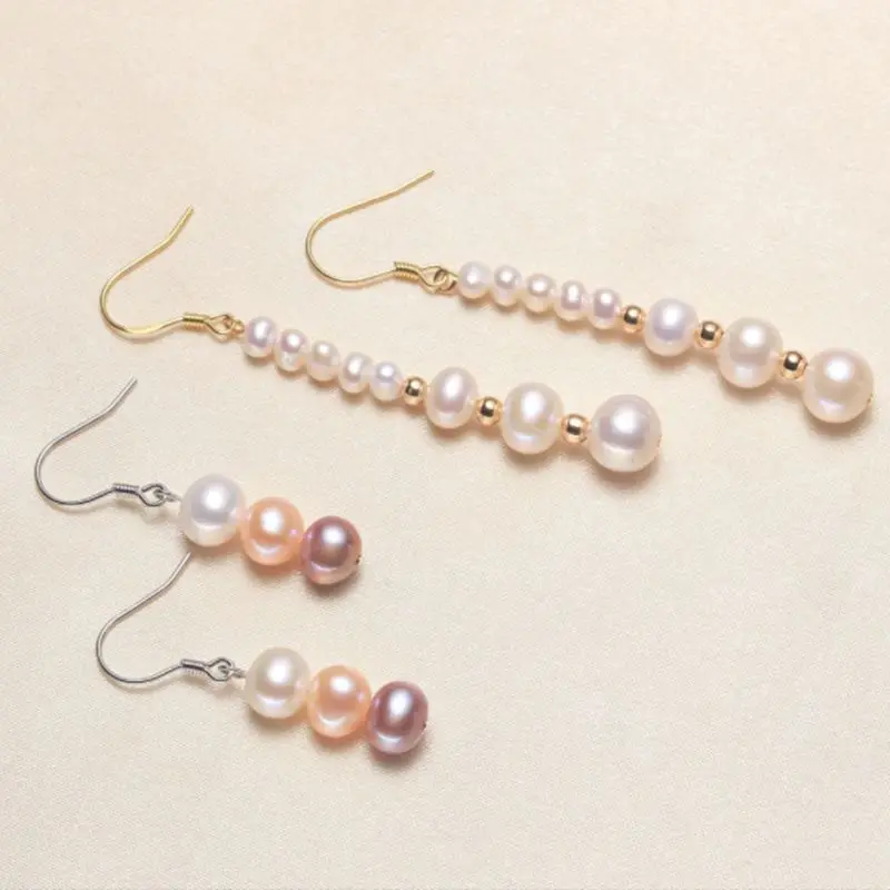 

Silver Earrings 925 Women Gold Plated Natural Freshwater Pearls Long Earrings Luxury Jewelry Wedding Party Gift