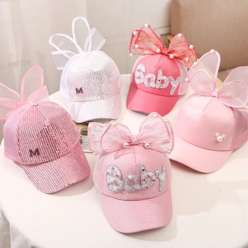 2-8Yrs Old Children Big Bow Cartoon Baseball Cap Girls Pearl Snapback Sun Protection Caps Mesh Rabbit Ear KidsTrucker Hat |