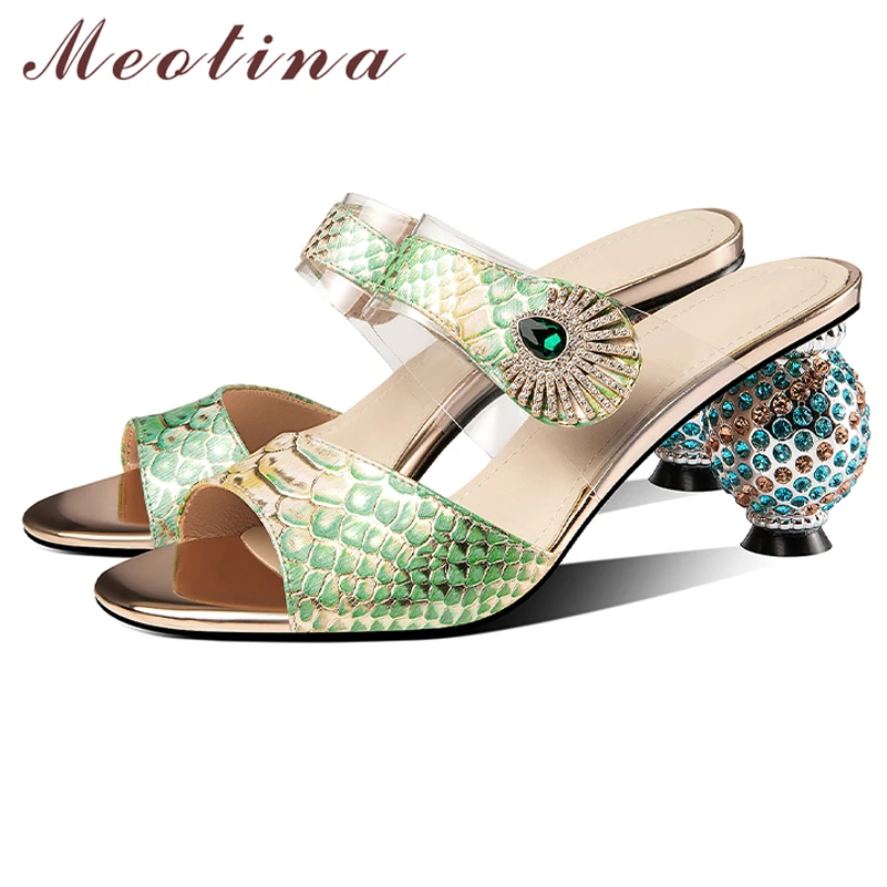 

Meotina Women Genuine Leather Slides Round Toe Strange Style High Heels Slippers Crystal Sandals Ladies Fashion Shoes Summer 46