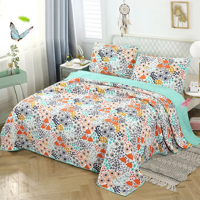 

Cotton Bedspread on Bed Quilt Set 3PCS Printed Floral Bed Cover Queen Summer Blanket Comforter Coverlets for Bedroom All Seasons
