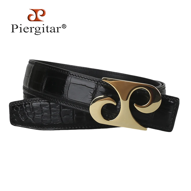 Piergitar 2023 New Black Real Crocodile Leather Belt With Gold And Sliver Logo Stainless Steel Buckle Handcrafted In GuangZhou