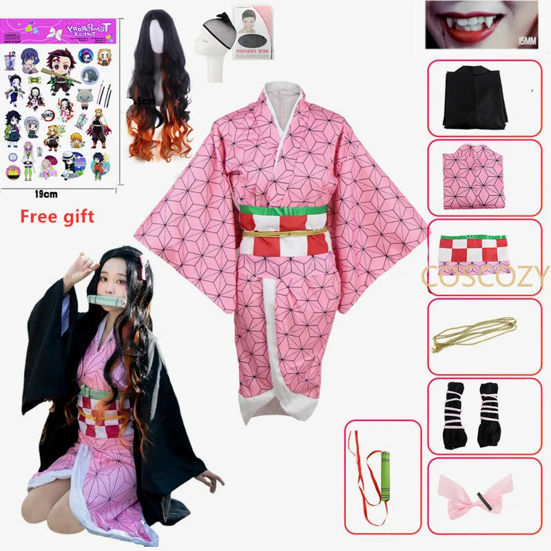 Anime Demon Slayer Nezuko Cosplay Costume Kimono Kimetsu No Yaiba Kamado Nezuko Costume Wig Womens Girls Kimono Uniform Clothes