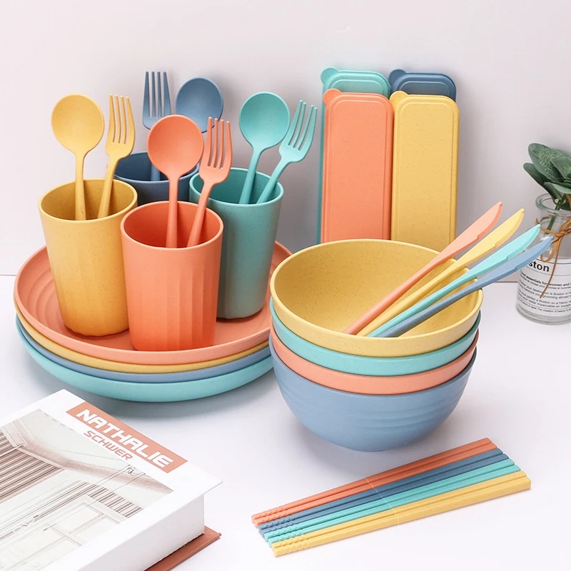 

Plates And Bowls Sets, 32Pcs Wheat Straw Dinnerware Sets, Kitchen Dinner Set, Camping Reusable Plates And Bowls Sets