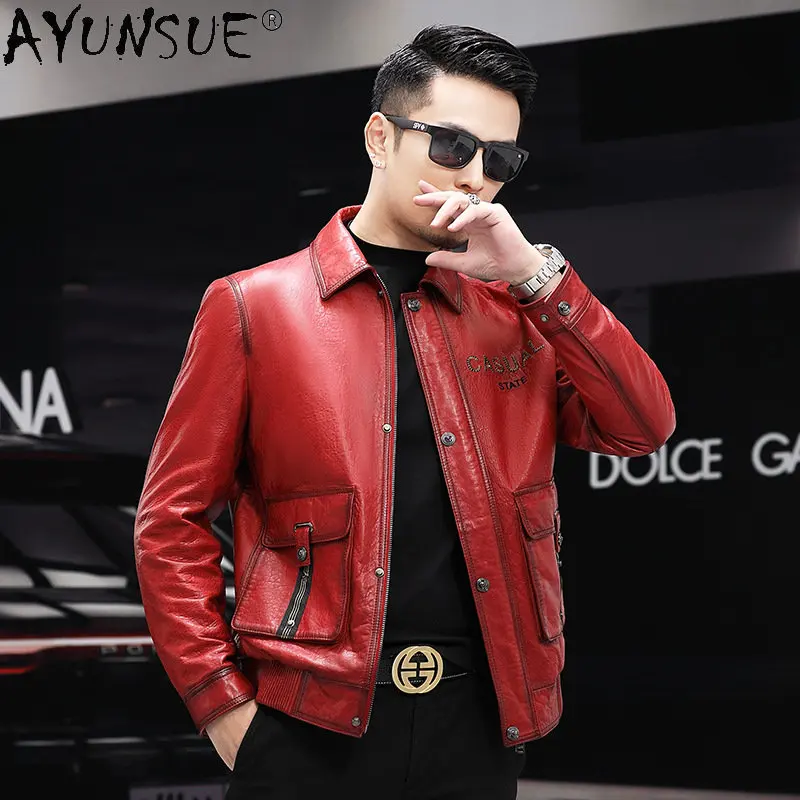 

Мужская кожаная куртка из натуральной овечьей кожи, с отложным воротником