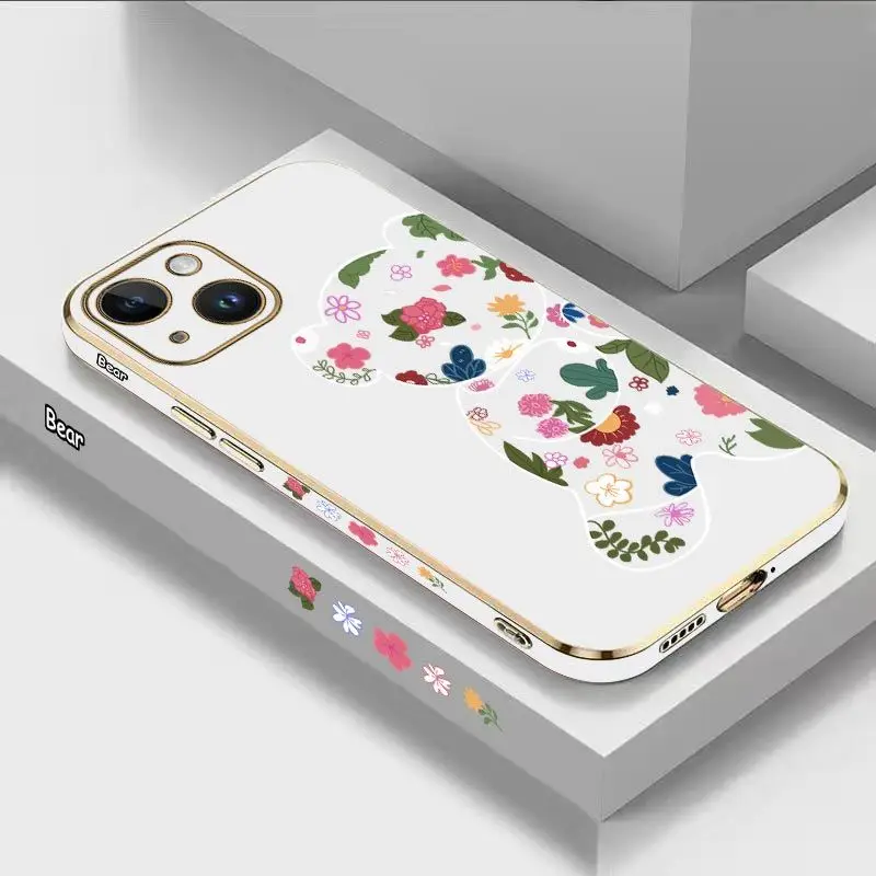 

Romantic Flower Bear Luxury Plating Phone Case For iPhone 14 13 12 11 Plus Pro Max Mini X XR XS SE2020 8 7 6 6S Plus Cover