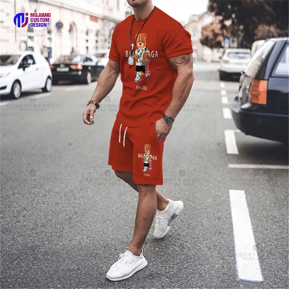 Oversized 3D Printing T-shirt Bear Print Pattern T-shirt Set Fashion Luxury Designer Round Neck Short Sleeve Top Summer Shorts
