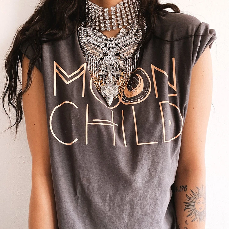 

Vintage Summer T Shirt Side Slit Loose Plus Size Women Moon Print Female Short Sleeve Tops grande taille femme tallas mujer