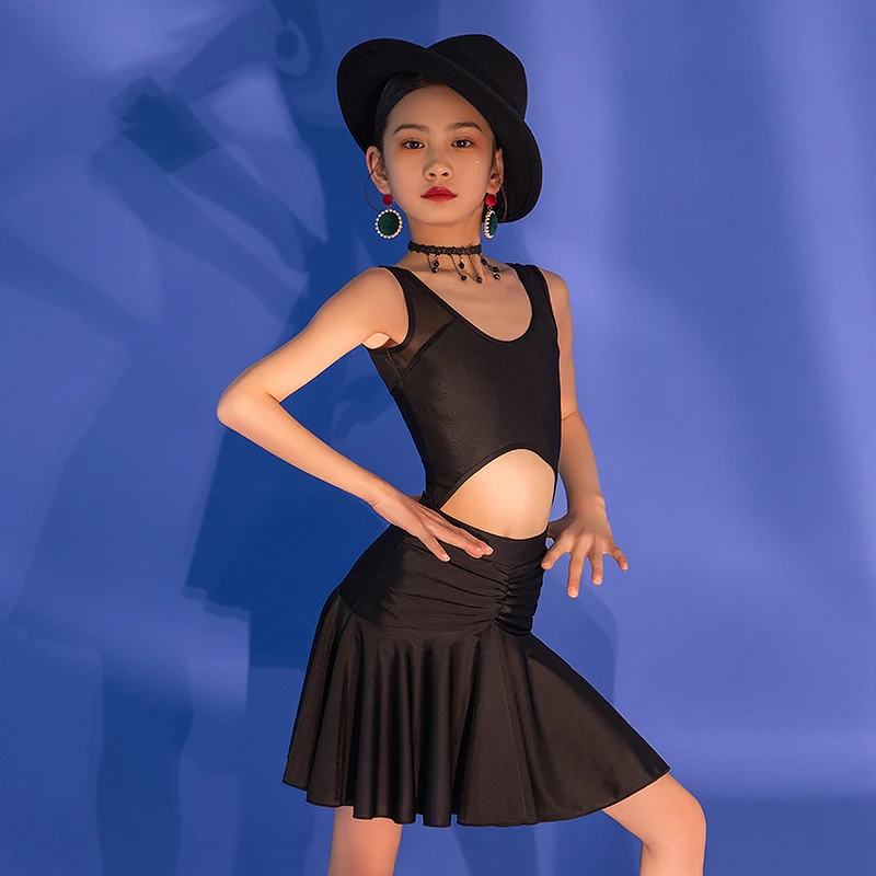 

Children Latin Dance Costume 2022 Girls Latin Dress Black Sleeveless Practice Clothes Cha Cha Rumba Performance Wear DNV16003