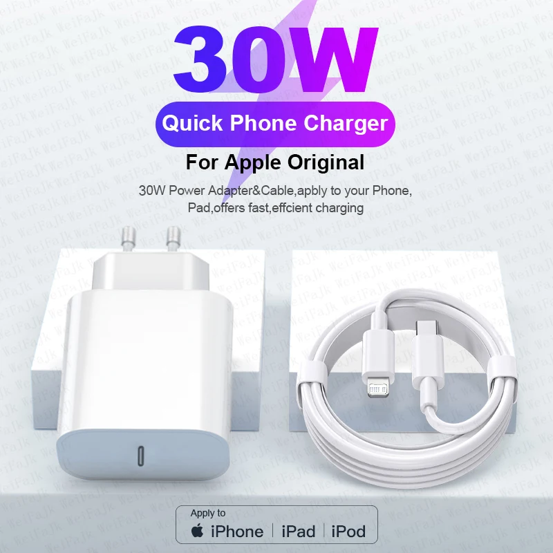 

Original 30W Charger Fast Charging For iPhone 14 13 12 11 Pro Max X XS XR 8Plus AirPods Quick Adapter USB Type C Lightning Cable