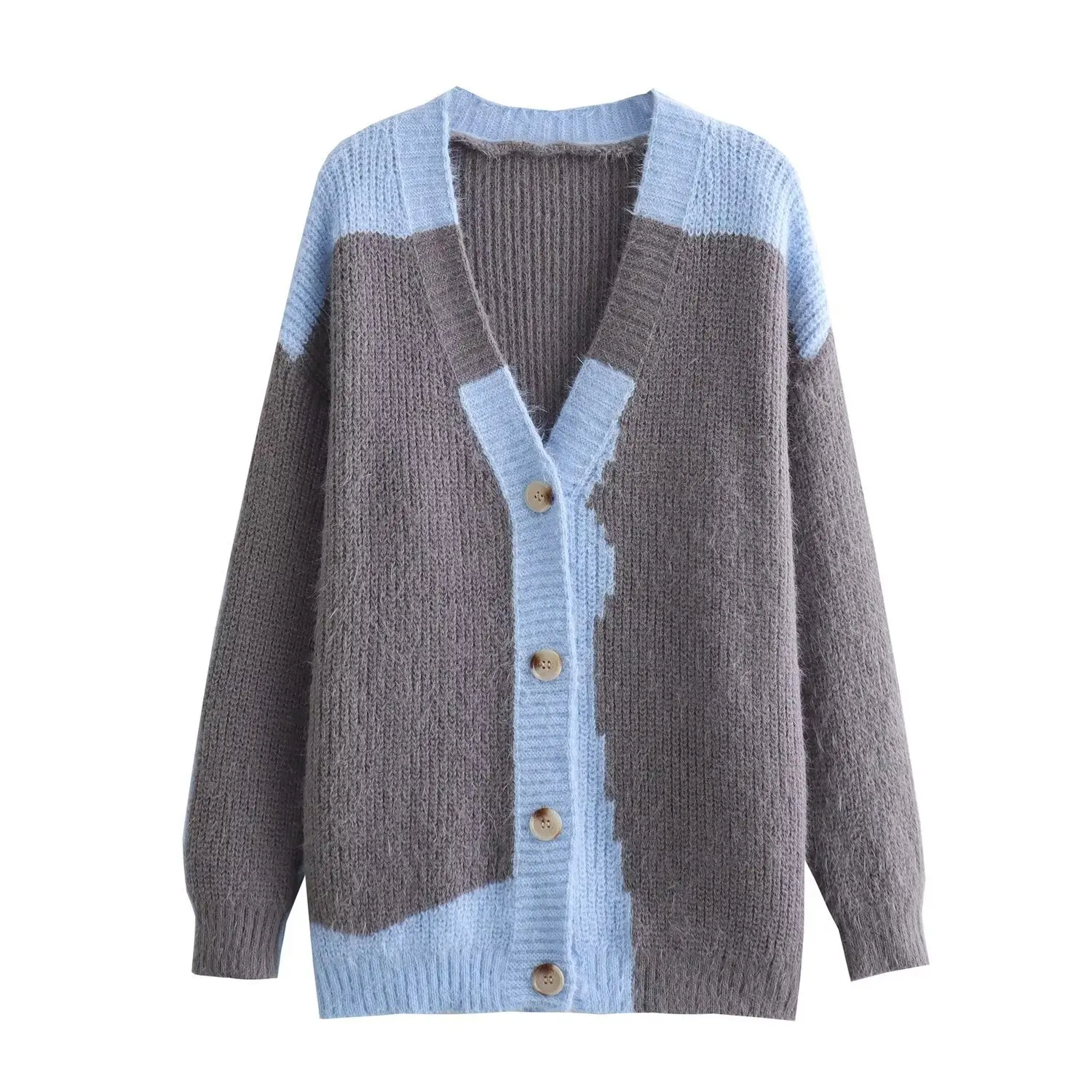 

Women Autumn Contrast Blue Gray Matching Color Medium Long Sweater Cardigan V-Neck Single Breast Casual Loose Knit Sweater Coat