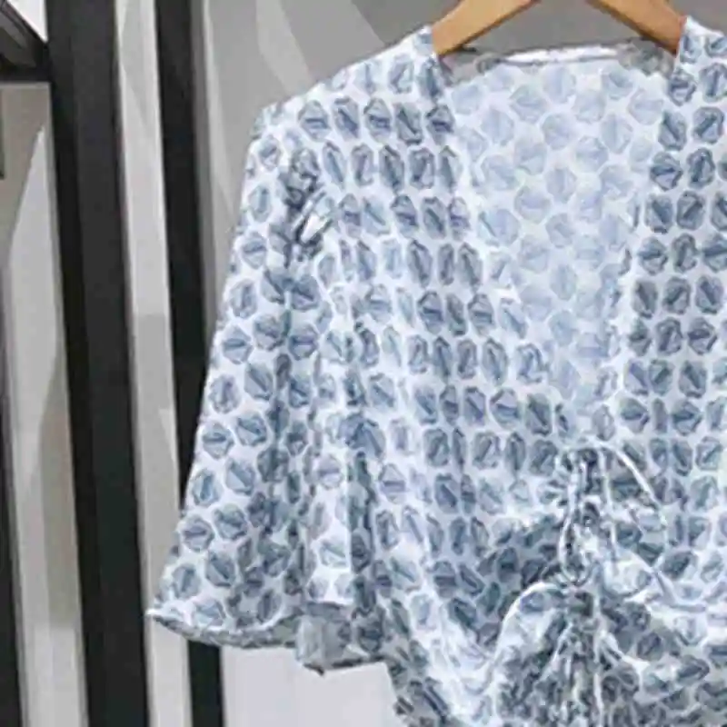 

2023 Summer New Women Irregular Fold V-Neck Geometric Print Dress