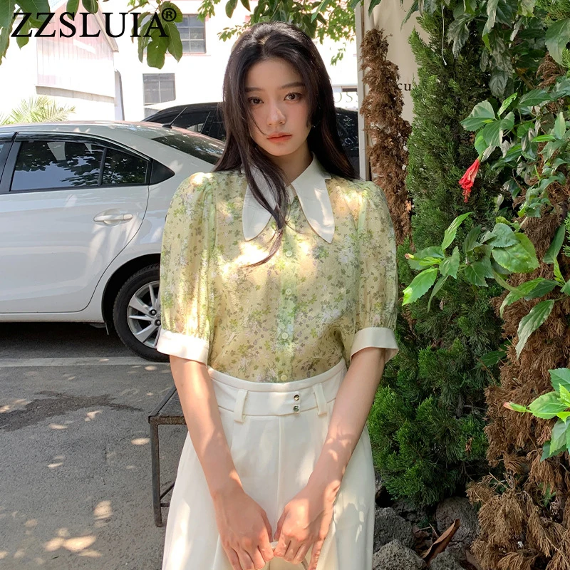 

ZZSLUIA Elegant Blouses For Women Floral Printed Designer France Shirts Fashion Puff Sleeve Temperament Tops Female Clothing