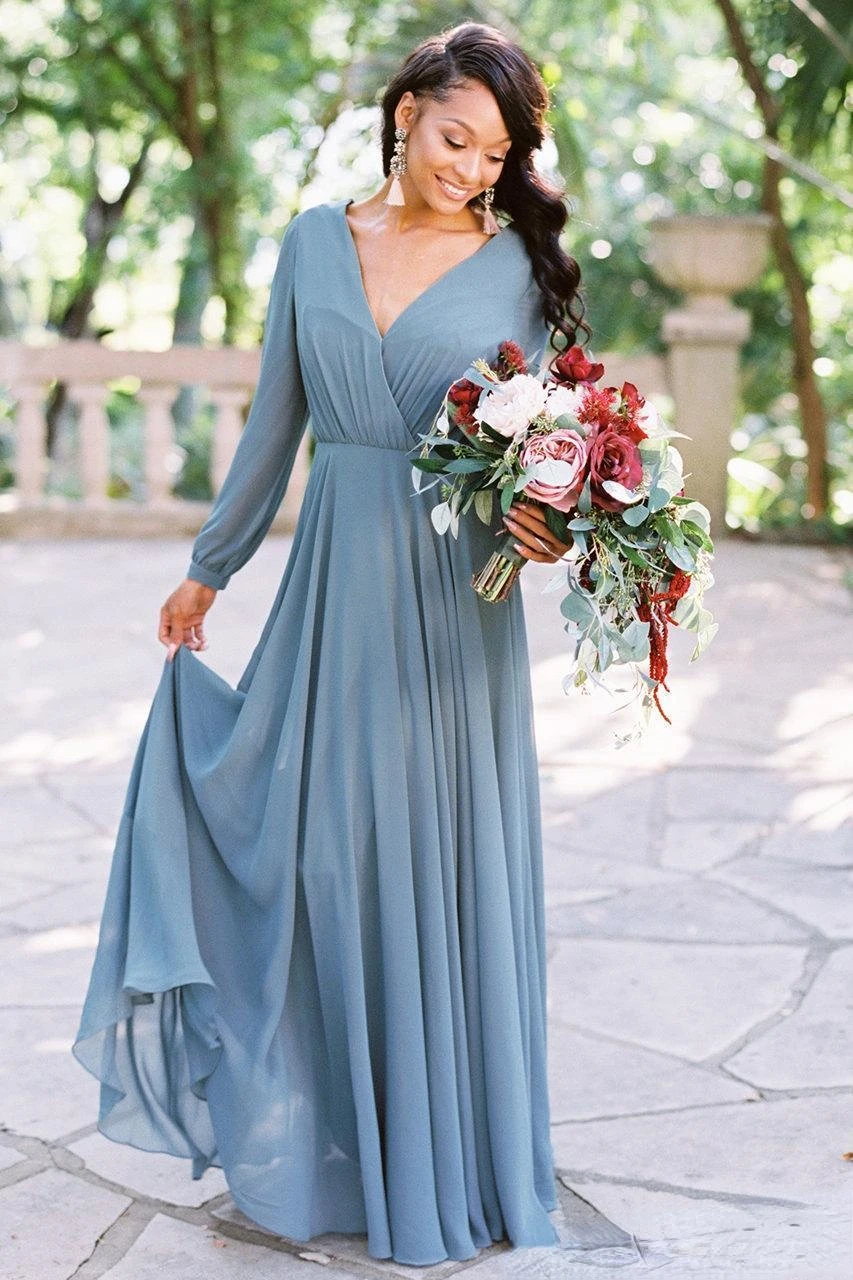 

Boho Style Dusty Blue Chiffon Evening Dresses Custom New Pleats Floor Length A-Line V-Neck Long Sleeve Formal Prom Party Gowns