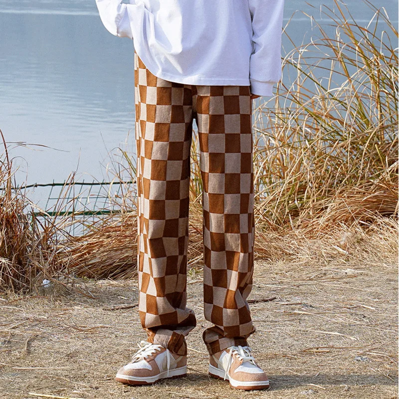 Black//Khaki Jeans Men Fashion Casual Loose Plaid Jeanss Men Streetwear Hip Hop Straight Denim Pants Men Trousers S-2XL