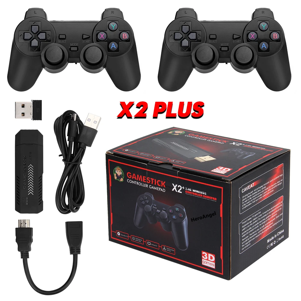 

X2 Plus Retro TV Game Console 3D 4K Output Gamestick 2.4G Dual Handles Wireless Controller Portable Home Games 128G 40000+ Games