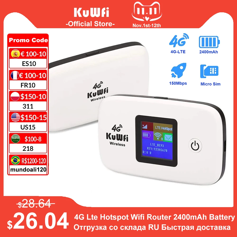 

New KuWFi 4G Lte Hotspot Wifi Router Mobile150Mbps 4G Pocket LTE Router Mobile Hotspot For Travel Router 2400mAh Battery High