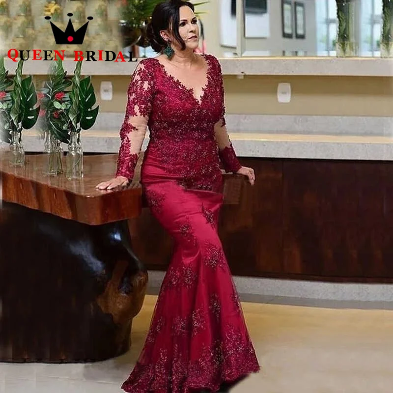 

Red Lace Mermaid Appliqued Mother Of The Bride Dresses Illusion V Neck Wedding Party Gowns Vestido De Fiesta De Boda Custom M86Q