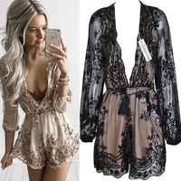 deep v neck sexy jumpsuit sequined champagne gold rope long sleeve lace jumpsuit shorts female party dress