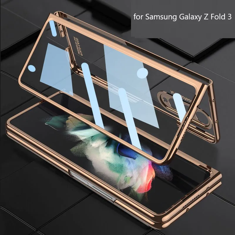 

Transparent Plating Phone Case for Samsung Galaxy Z Fold 3 with Glass Film Hard Plastic Cases with S Pen Slot Holder (No S Pen)